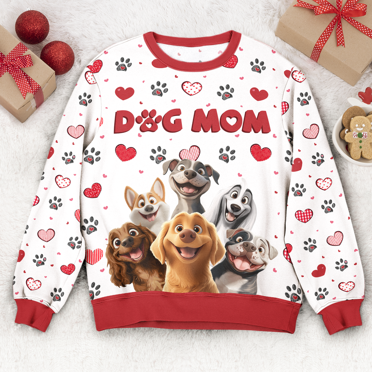 Personalized Dog Mom Printed Sweatshirt, Cartoon Dogs & Paw Hearts, Unique Gift for Pet Moms
