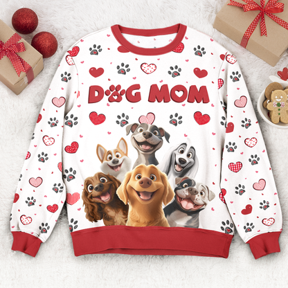 Personalized Dog Mom Printed Sweatshirt, Cartoon Dogs & Paw Hearts, Unique Gift for Pet Moms
