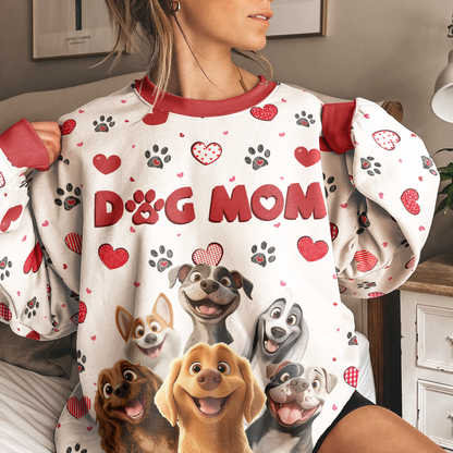 Personalized Dog Mom Printed Sweatshirt, Cartoon Dogs & Paw Hearts, Unique Gift for Pet Moms