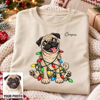 Personalized Classic Tee with Quirky Dog Portrait Tangled in Christmas Lights, Unique Gift for Dog Lovers