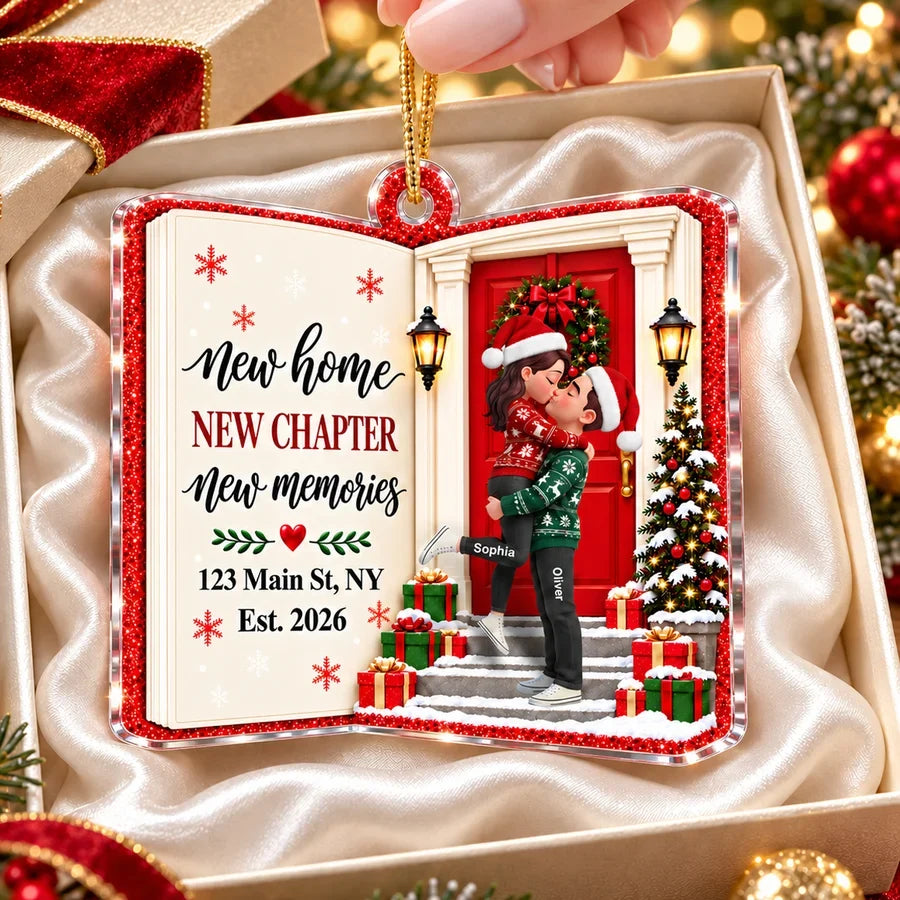 Personalized Acrylic Ornament, New Home Christmas Keepsake with Kissing Couple, Unique Housewarming Gift