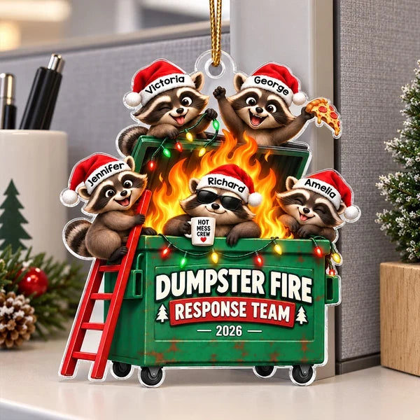 Personalized Acrylic Ornament, Raccoons Tackling a Dumpster Fire, Unique Funny Christmas Gift for Coworkers