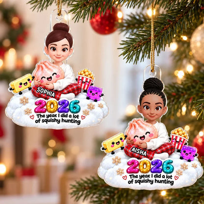 Personalized Acrylic Ornament, Cute Girl Hugging Squishy Toys in Snow, Unique Christmas Gift for Kids
