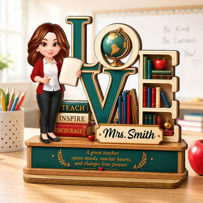 Personalized 2-Layer Wooden Plaque with Standing Teacher, Books & Globe, Unique Teacher Gift