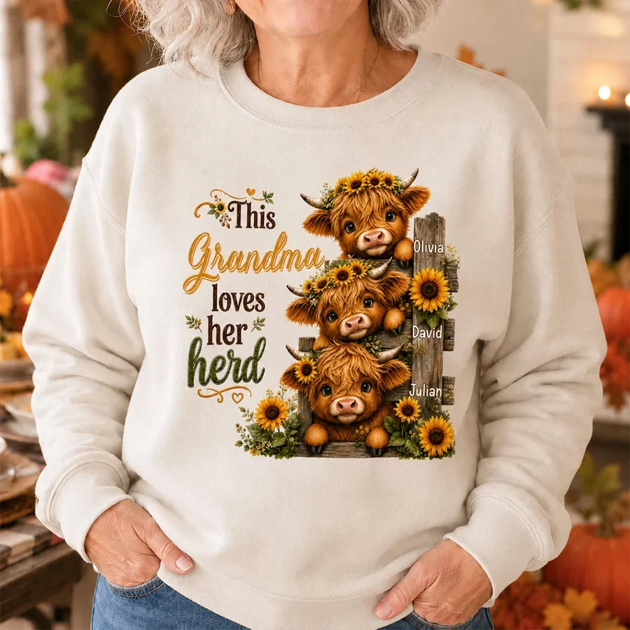 Grandma Loves Her Herd Sweatshirt, Personalized Sunflower Cow Art, Creative Gift for Grandma