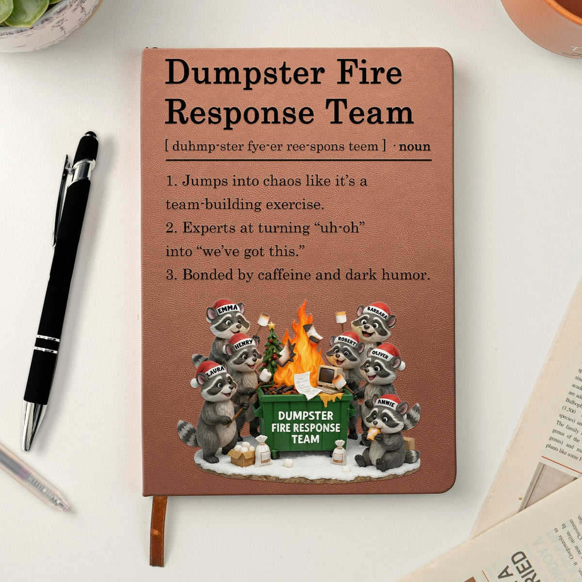 Leather Journal Dumpster Fire Response Team Cute Raccoon Chaos Crew Design, Personalized Funny Gift for Coworkers