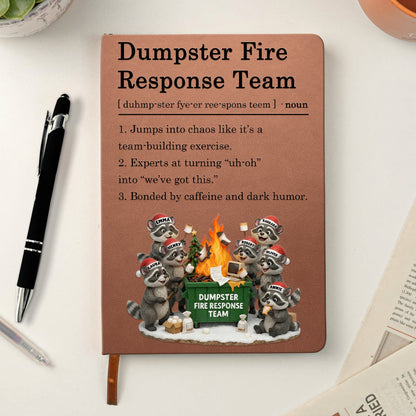 Leather Journal Dumpster Fire Response Team Cute Raccoon Chaos Crew Design, Personalized Funny Gift for Coworkers