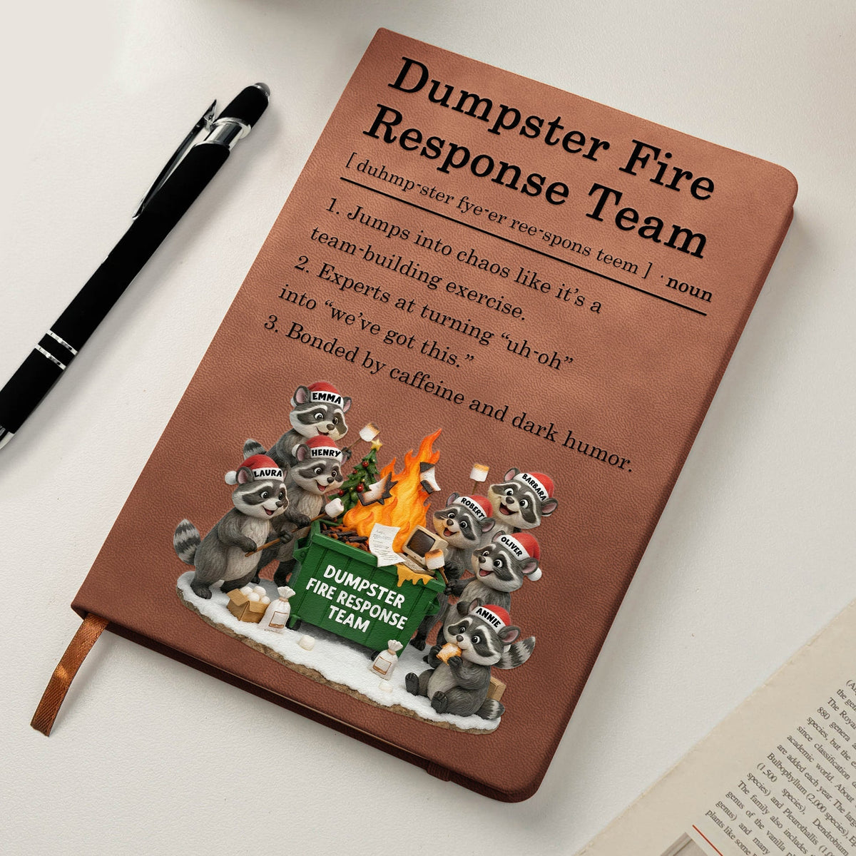 Leather Journal Dumpster Fire Response Team Cute Raccoon Chaos Crew Design, Personalized Funny Gift for Coworkers