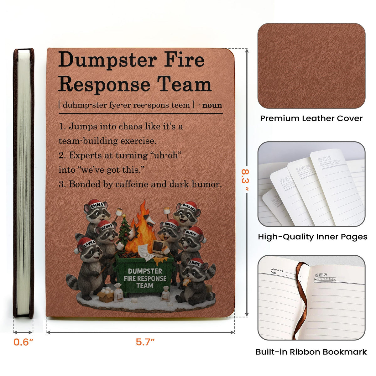 Leather Journal Dumpster Fire Response Team Cute Raccoon Chaos Crew Design, Personalized Funny Gift for Coworkers