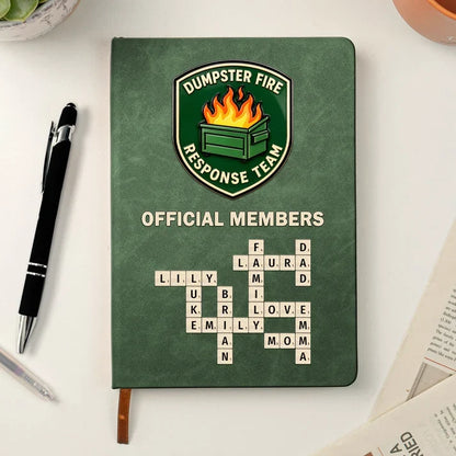 Personalized Leather Journal with Green Dumpster Fire Team Design, Unique Creative Gift for Coworkers