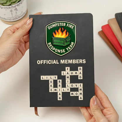 Personalized Leather Journal with Green Dumpster Fire Team Design, Unique Creative Gift for Coworkers