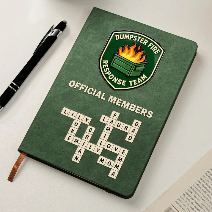Personalized Leather Journal with Green Dumpster Fire Team Design, Unique Creative Gift for Coworkers