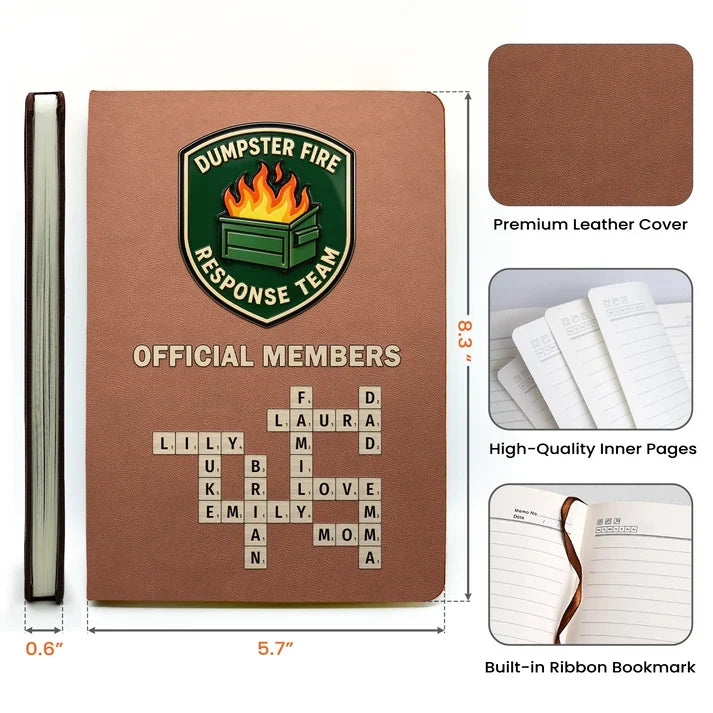 Personalized Leather Journal with Green Dumpster Fire Team Design, Unique Creative Gift for Coworkers