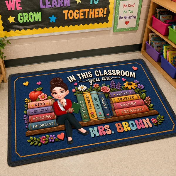 Personalized Teacher Doormat, Navy Classroom Welcome Design, Unique Creative Gift for Back to School