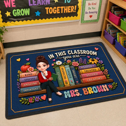 Personalized Teacher Doormat, Navy Classroom Welcome Design, Unique Creative Gift for Back to School