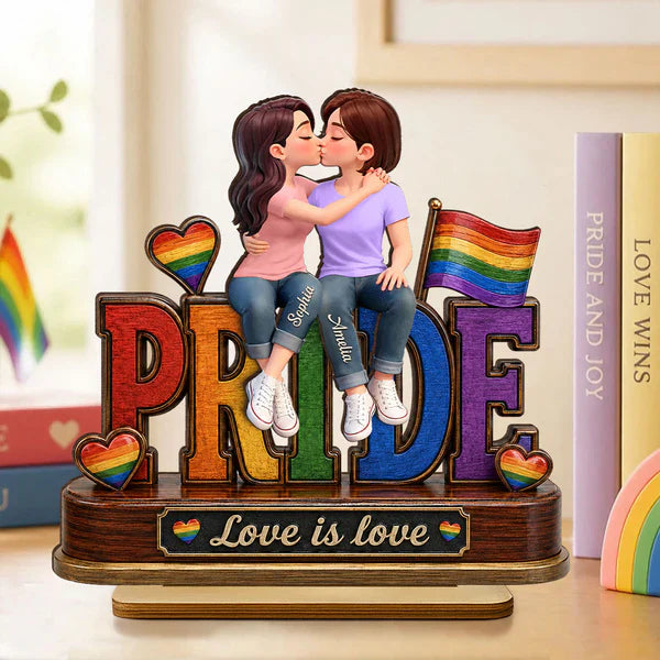 Personalized 2-Layer Wooden Plaque, Same-Sex Couple Kissing, Love Is Love, Unique Gift for Her