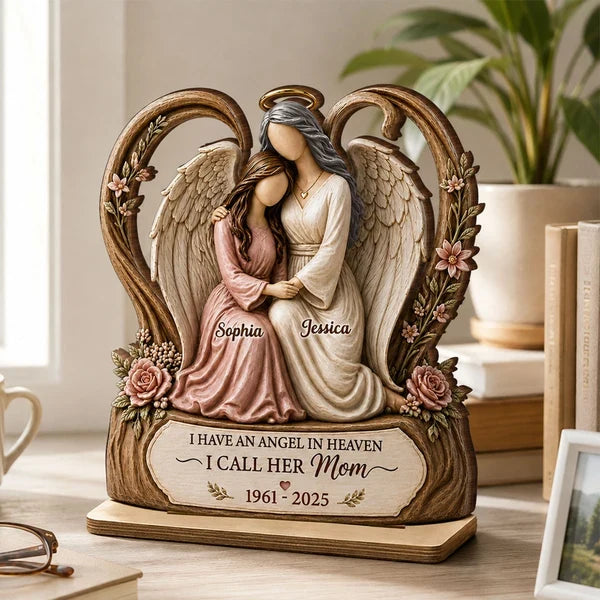 Personalized 2-Layer Wooden Plaque, Warm Angel and Daughter Embrace, Unique Sympathy Gift for Daughter