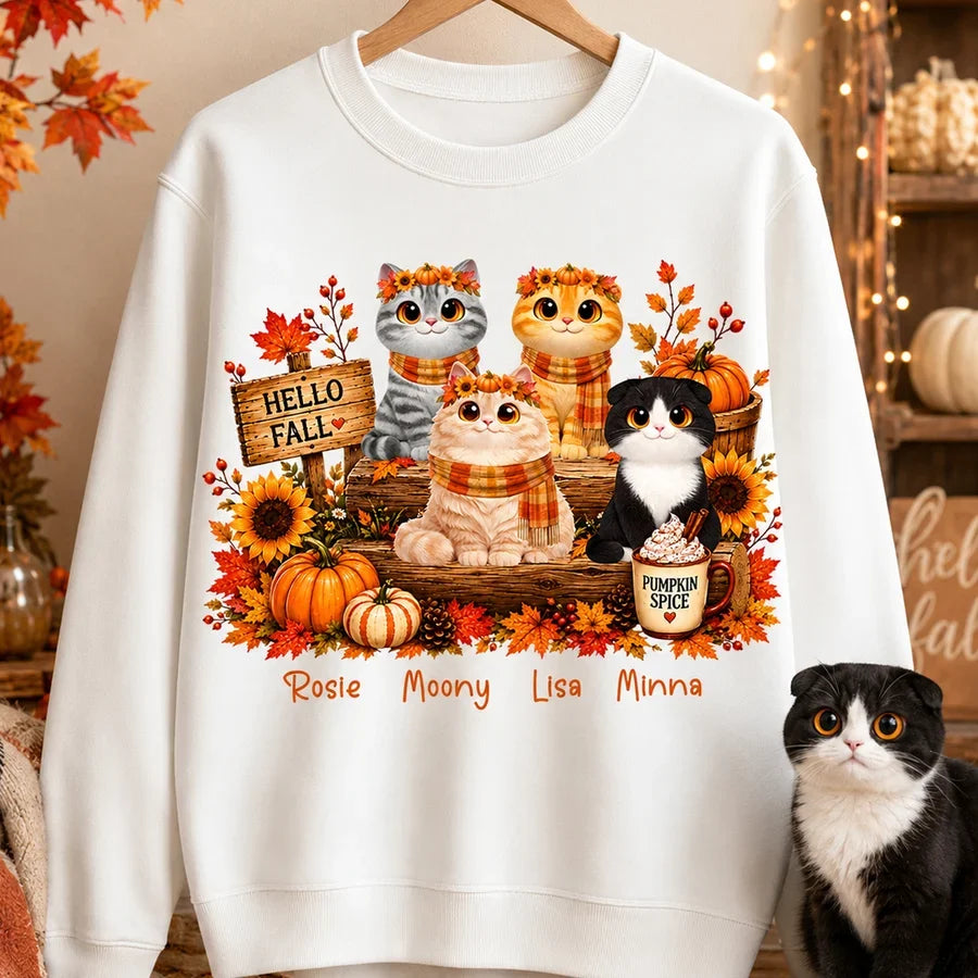 Hello Fall Personalized Cat Sweatshirt, Warm Autumn Cat Scene, Creative Gift for Cat Moms and Friends