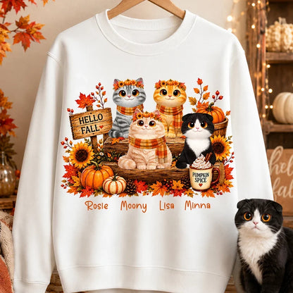Hello Fall Personalized Cat Sweatshirt, Warm Autumn Cat Scene, Creative Gift for Cat Moms and Friends
