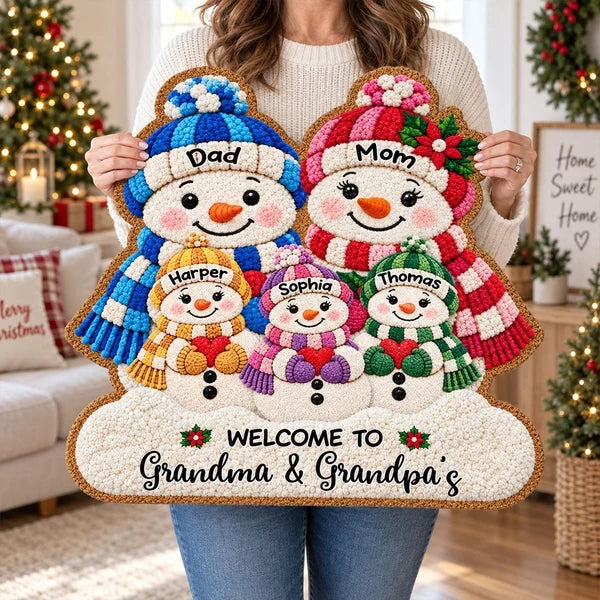 Personalized Shaped Doormat, Cute Snowman Grandparents & Grandkids at a Christmas Entryway, Unique Family Gift