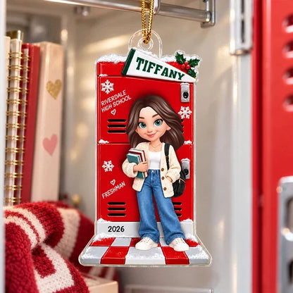 Personalized Acrylic Ornament, Student Holding Books by a Festive School Locker, Unique Christmas Gift for Daughter