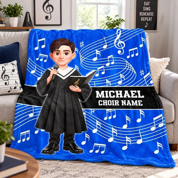 Personalized Fleece Blanket, Red Choir Graduate Holding a Microphone, Unique Music Gift for Singers