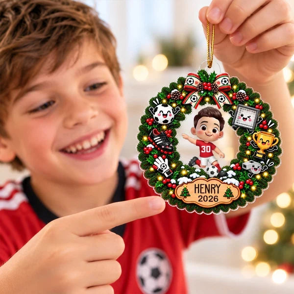 Personalized Acrylic Ornament, Festive Soccer Wreath with Running Player, Creative Gift for Players and Fans