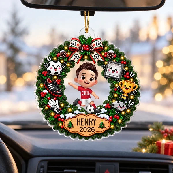 Personalized Acrylic Ornament, Festive Soccer Wreath with Running Player, Creative Gift for Players and Fans