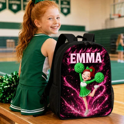 Kids School Backpack, Personalized Red Cheerleader Jumping in a Blue Cosmic Classroom, Creative Back to School Gift for Girls