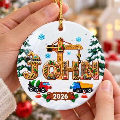 Personalized Ceramic Ornament with Bright Christmas Construction Trucks, Unique Gift for Kids and Grandkids