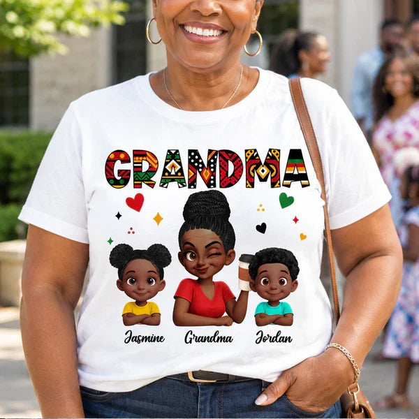 Personalized Classic Tee, Grandma Holding Coffee with Grandkids, Colorful Tribal Pattern, Unique Gift for Grandma