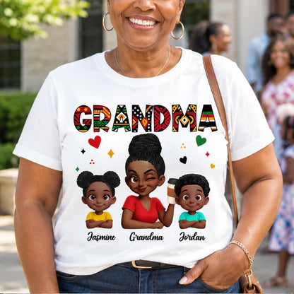 Personalized Classic Tee, Grandma Holding Coffee with Grandkids, Colorful Tribal Pattern, Unique Gift for Grandma