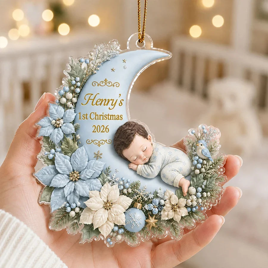 First Christmas Acrylic Ornament, Sleeping Baby on Blush Floral Moon, Personalized Creative Gift for Mom & Dad