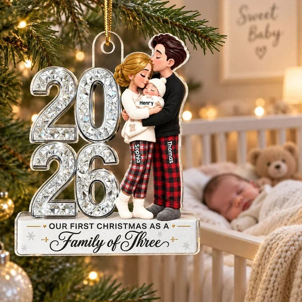 Personalized Acrylic Ornament, New Parents Embracing Baby at Christmas, Unique Family Gift