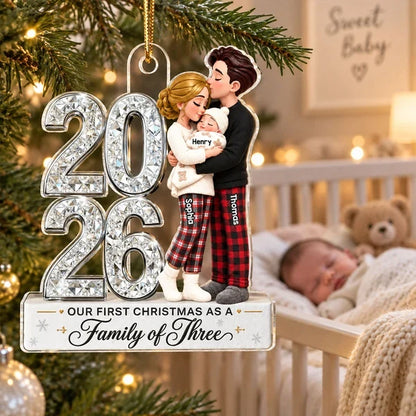 Personalized Acrylic Ornament, New Parents Embracing Baby at Christmas, Unique Family Gift