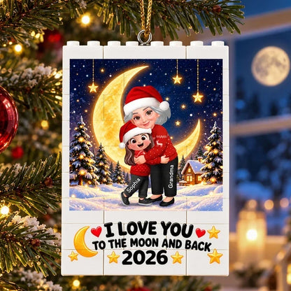 Personalized Building Block Ornament, Grandma Hugging Granddaughter Under a Moon, Unique Christmas Gift for Grandma