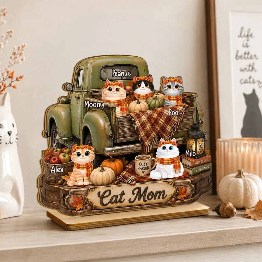 2-Layer Wooden Plaque, Personalized Cats by a Vintage Fall Truck, Heartfelt Creative Gift for Cat Lovers
