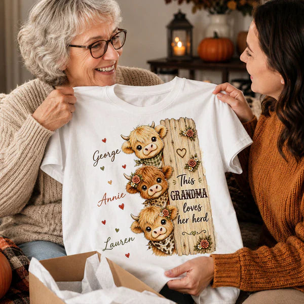 Grandma Loves Her Herd Classic Tee, Personalized Highland Cow Family Shirt, Unique Gift for Grandma