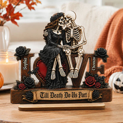 Personalized 2-Layer Wooden Plaque, Kissing Skeleton Couple, Unique Gothic Gift for Couples