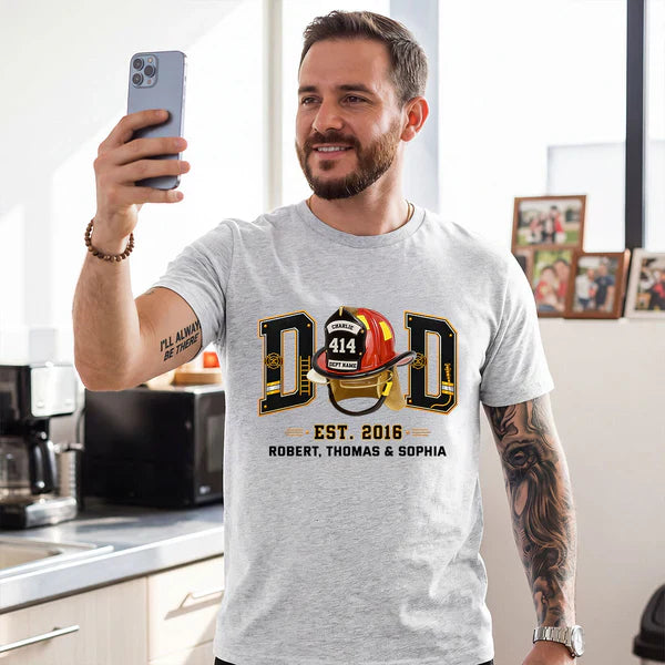 Personalized Firefighter Dad Classic Tee, Helmet Design, Unique Gift for Dad & Husband