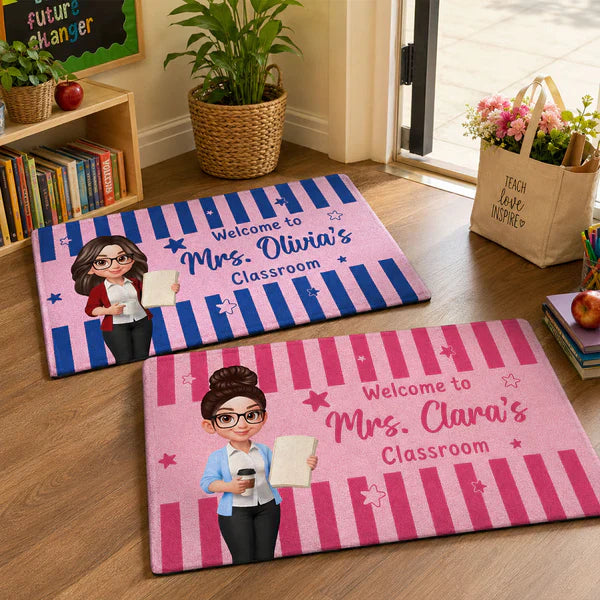 Personalized Standard Doormat With Standing Cartoon Teacher & Blue Yellow Classroom Design, Unique Teacher Gift