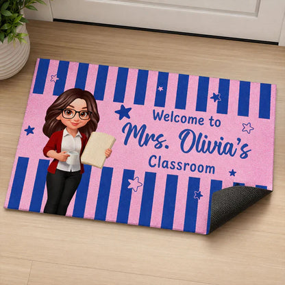 Personalized Standard Doormat With Standing Cartoon Teacher & Blue Yellow Classroom Design, Unique Teacher Gift