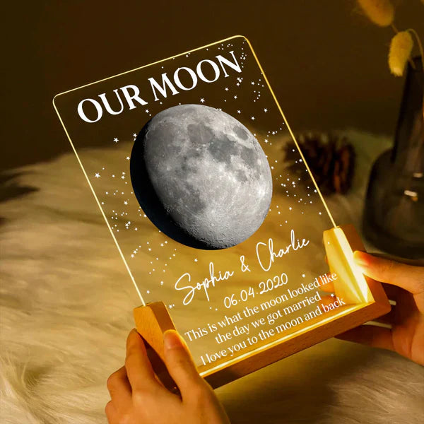 Personalized Moon Phase LED Light Frame, Unique Gift for Couple, Warm Starry Wedding Anniversary Keepsake