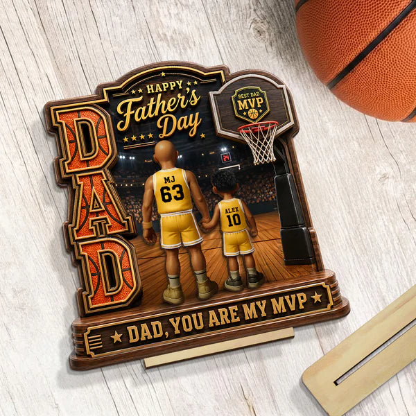 Personalized 2-Layer Wooden Plaque, Basketball Dad Holding Hands On Court, Unique Gift For Dad