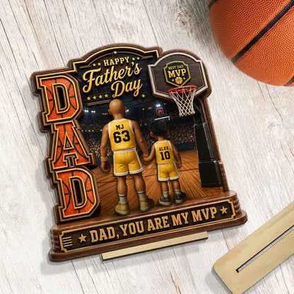 Personalized 2-Layer Wooden Plaque, Basketball Dad Holding Hands On Court, Unique Gift For Dad