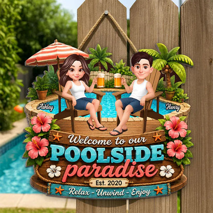 Personalized Wooden Sign, Poolside Paradise Seated Couple Art, Unique Gift for Summer Patio & Porch