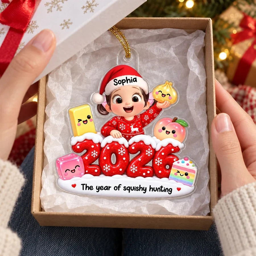 Personalized Acrylic Ornament, Smiling Child Holding Squishy Toys, Festive Tree Decor and Unique Gift for Kids