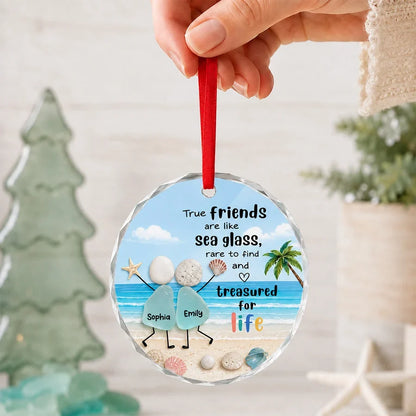 Crystal Ornament, Treasured for Life Sea Glass Friends on a Sunny Beach, Personalized Creative Gift for Bestie