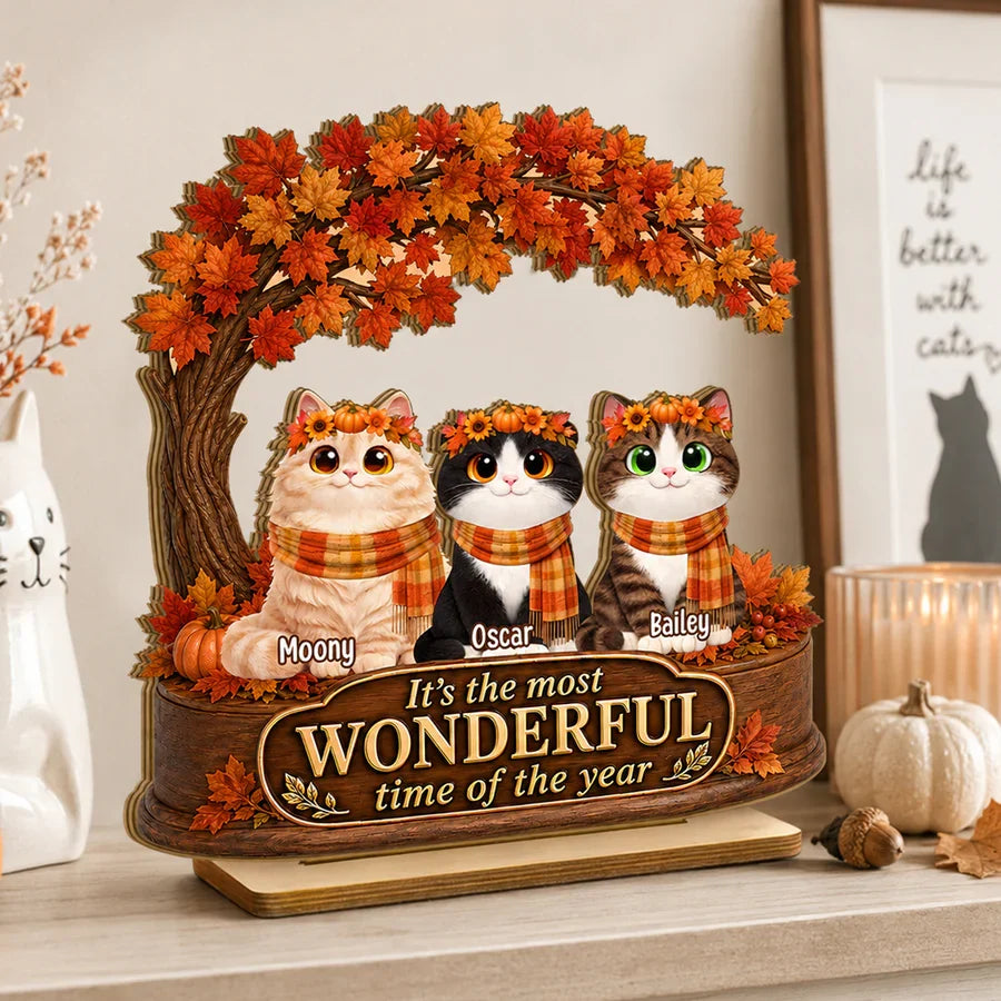 Personalized 2-Layer Wooden Plaque with Cats Under Autumn Leaves, Unique Creative Gift for Cat Lovers