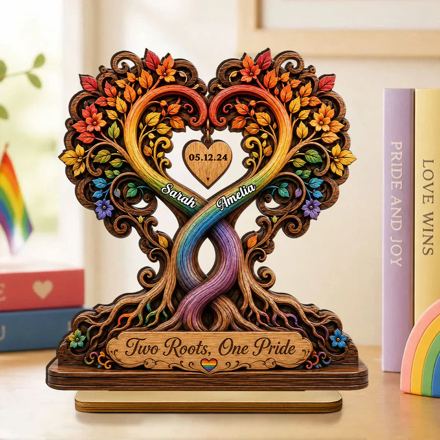 Personalized 2-Layer Wooden Plaque, Intertwined Rainbow Heart Trees, Unique Creative Gift for LGBTQ Couple